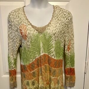 Sigrid Olsen Sz Large Crochet Knit Top /Cover Up V Neck Long Sleeve Beige Orange